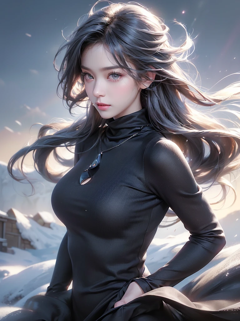 (From the waist up:1.5)((masterpiece:1.5、8k、Portraiture、フォトリアリスティックでVery detailedなCG、Very detailed、Particle Effects、Dynamic Effects、Written boundary depth、Cinematic Light、Lens flare、Ray Tracing、Tabletop、Realistic:1.4、Ultra-high resolution:1.2、Realistic、Realistic))((alone、Turtleneck dress,No sleeve、Woman in a black fur coat:1.4、Exposed sideways breast doll-like pose、Detailed face、bright表情、young, bright, Whiter skin、Small breasts:1.4、Best Looks、Ultimate beauty、Grey hair with shiny highlights:1.8、bright and shiny hair,、Arranged Hair、Hair dancing in the wind))(morning、In the background is a snowy hill overlooking the ruins...)
