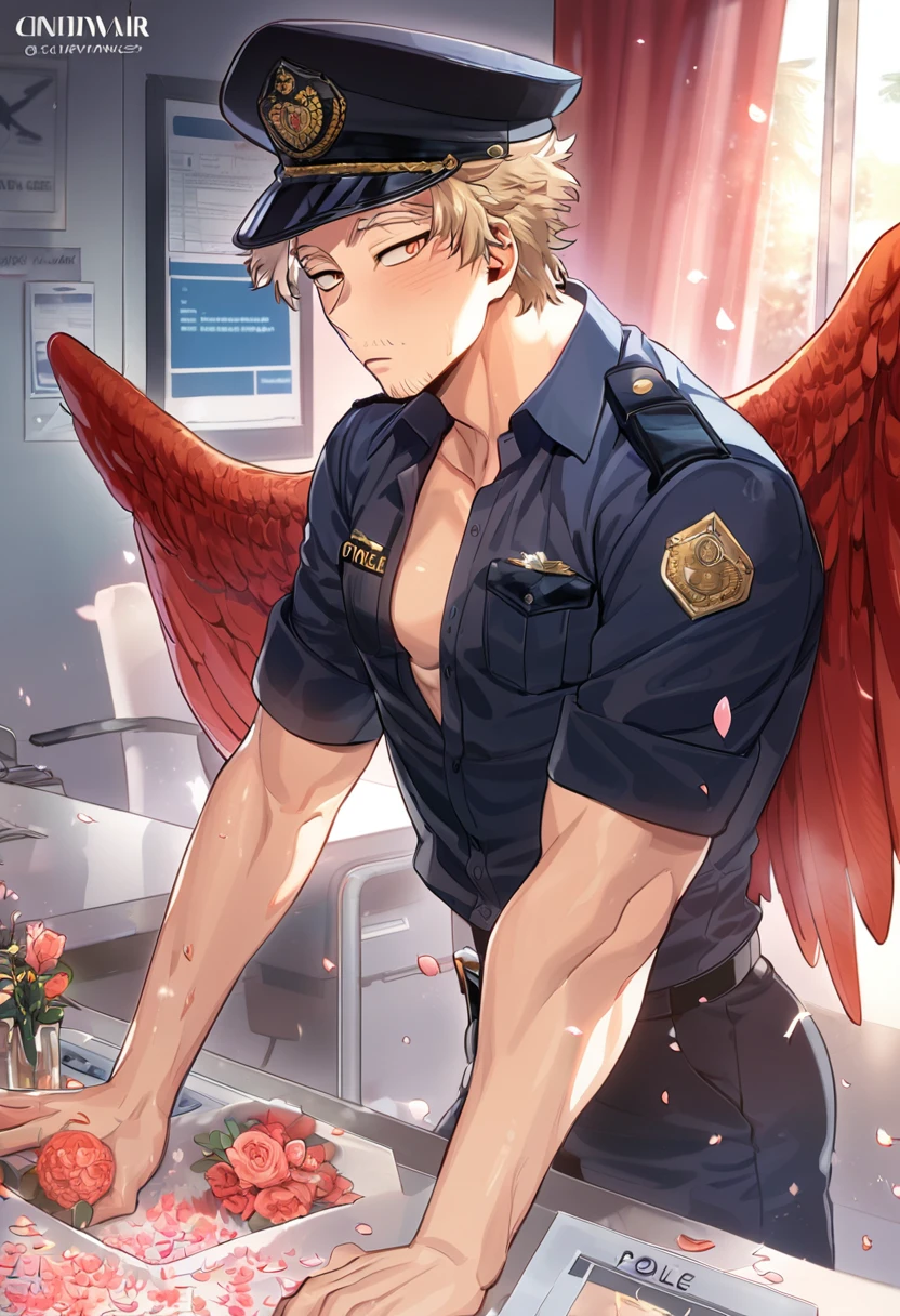 absurdres, highres, ultra detailed, HDR, master piece, best quality, Hawks, ash-blonde hair, faint stubble, red wings, expressive golden-brown eyes, Boku No Hero Academia, solo, sexy man, handsome, horny, lewd, black police officer clothes, unbuttoned shirt, black hat, fantasy, police station, window, petals, flowers, room, red curtains, Nu Carnival