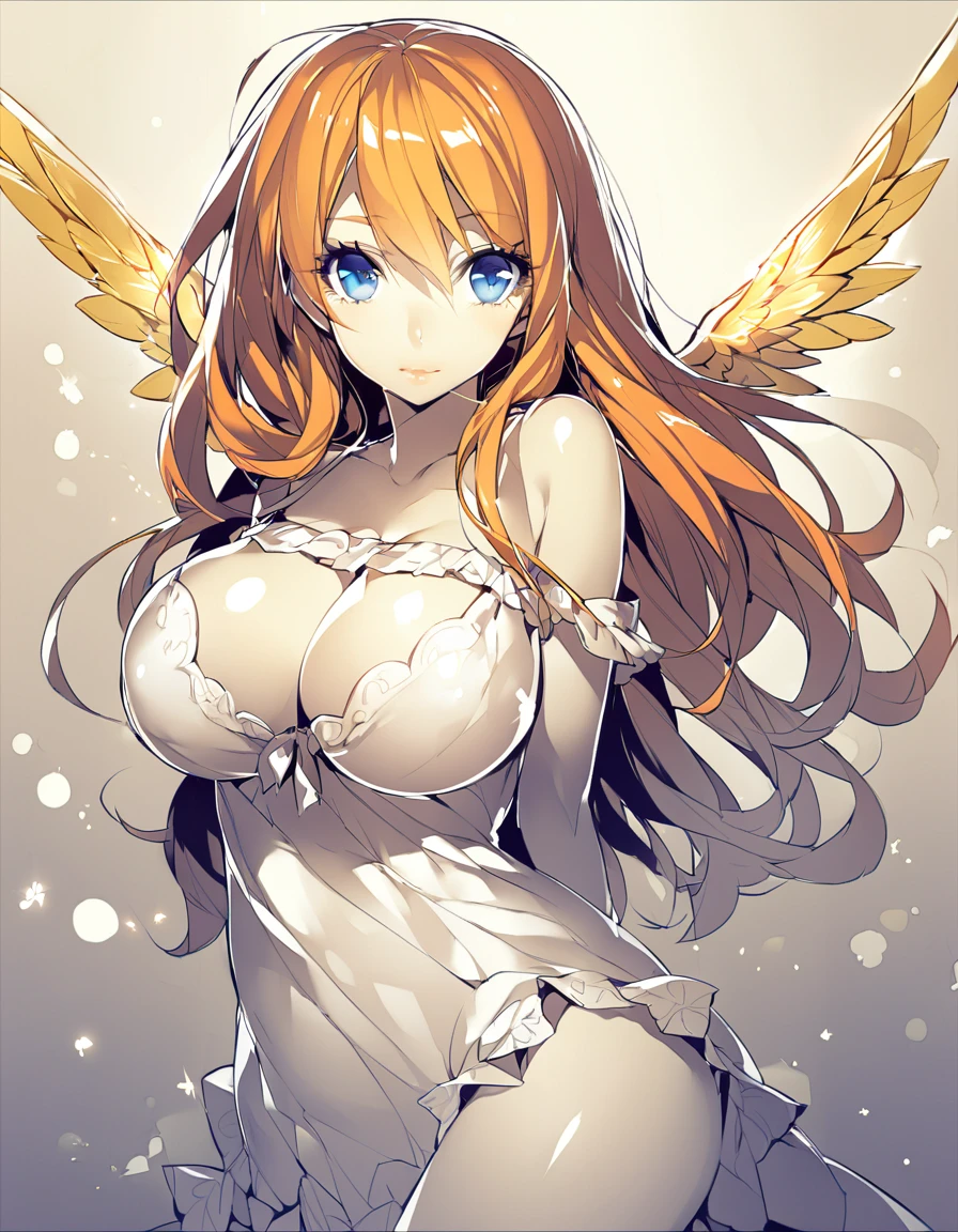 Golden-winged angel wearing a negligee(:1.5)(Small body) (Orange Hair:1.5)(eyelash:1.2) (Mid-length hair:1.4), (Blue eyes)(Big Breasts:1.3)High Contrast