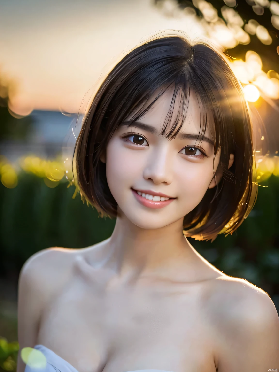 (Highest quality,8K quality,masterpiece:1.3),(Ultra-high resolution,Photorealistic:1.4,RAW Photos),(Ultra-detailed,Caustics,Detailed Background),(Ultra-Realistic Capture,Beautiful and detailed skin,Perfect Anatomy),,high school student,cute,double eyelid,Black short bob,Topless, Looking into the camera,(smile),White teeth,tilt your head slightly,(Large Bust),Close-up, Natural soft light, Looking into the camera, sunset,sunset,garden,Backlight,
