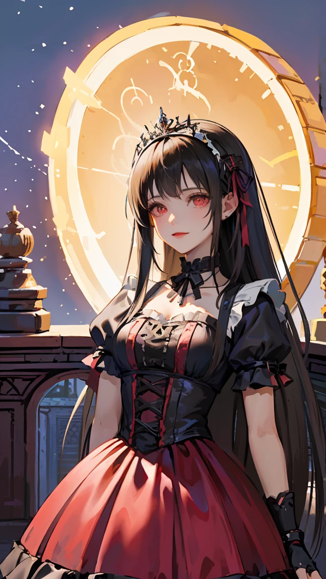 (black hair, hime cut), tiara, mismatched sclera, evil smile, Baroque, chiaroscuro, masterpiece, accurate, high quality, best quality, high details, super detail, Vampire, aristocratic vampire, dark castle interior, moonlight shining through a window into a dark room, at night, Gothic Lolita, Gothic Lolita costume, background (bats flying around), Standing halfway up the stairs