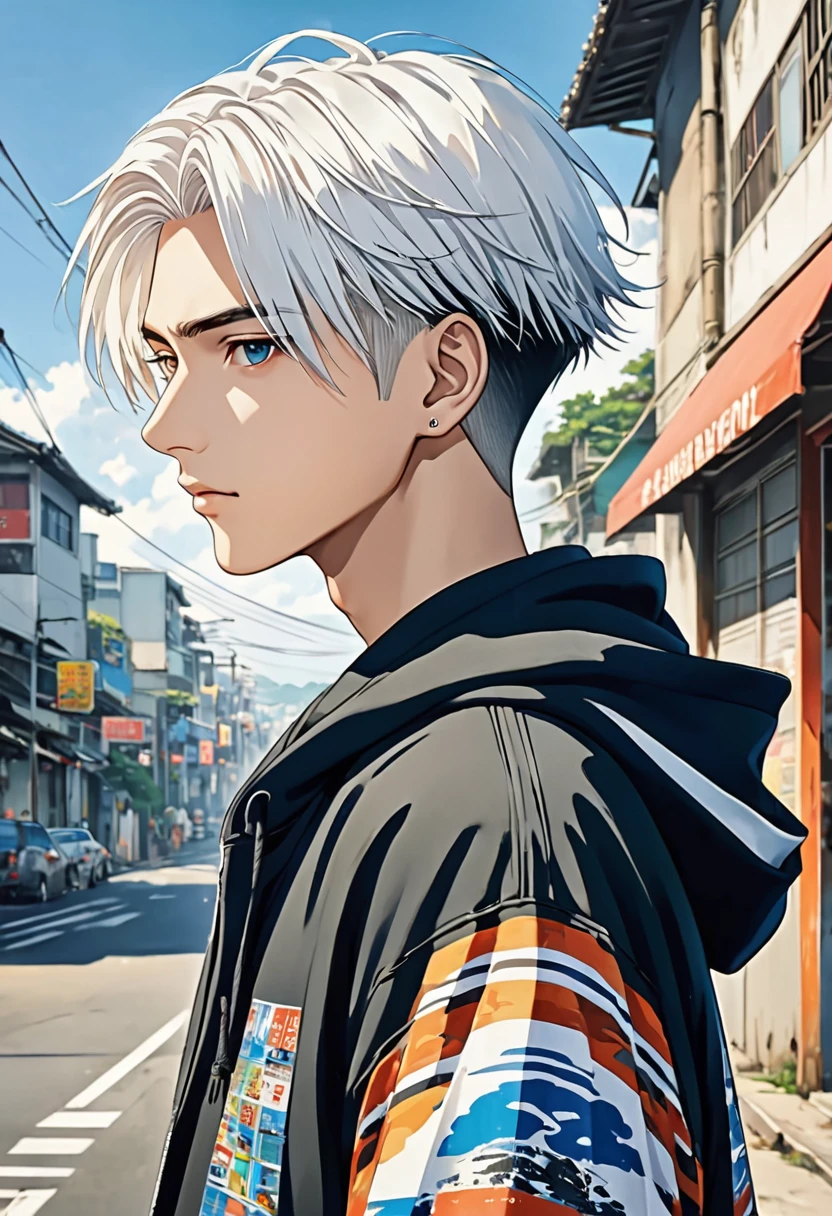 score_9, score_8_up, score_7_up,source_anime, high res image,masterpiece,best quality,clear skin,white hair,undercut hair,anime_boy,hoodie,