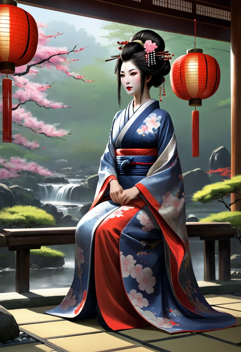 Необходимо создать concept-арт гейши для MMORPG, centered on a Japanese setting. full length, concept, full length пероснаж, A geisha should inspire grace, sophistication and mystery, typical of Japanese culture. sitting. gracefully. digital painting,