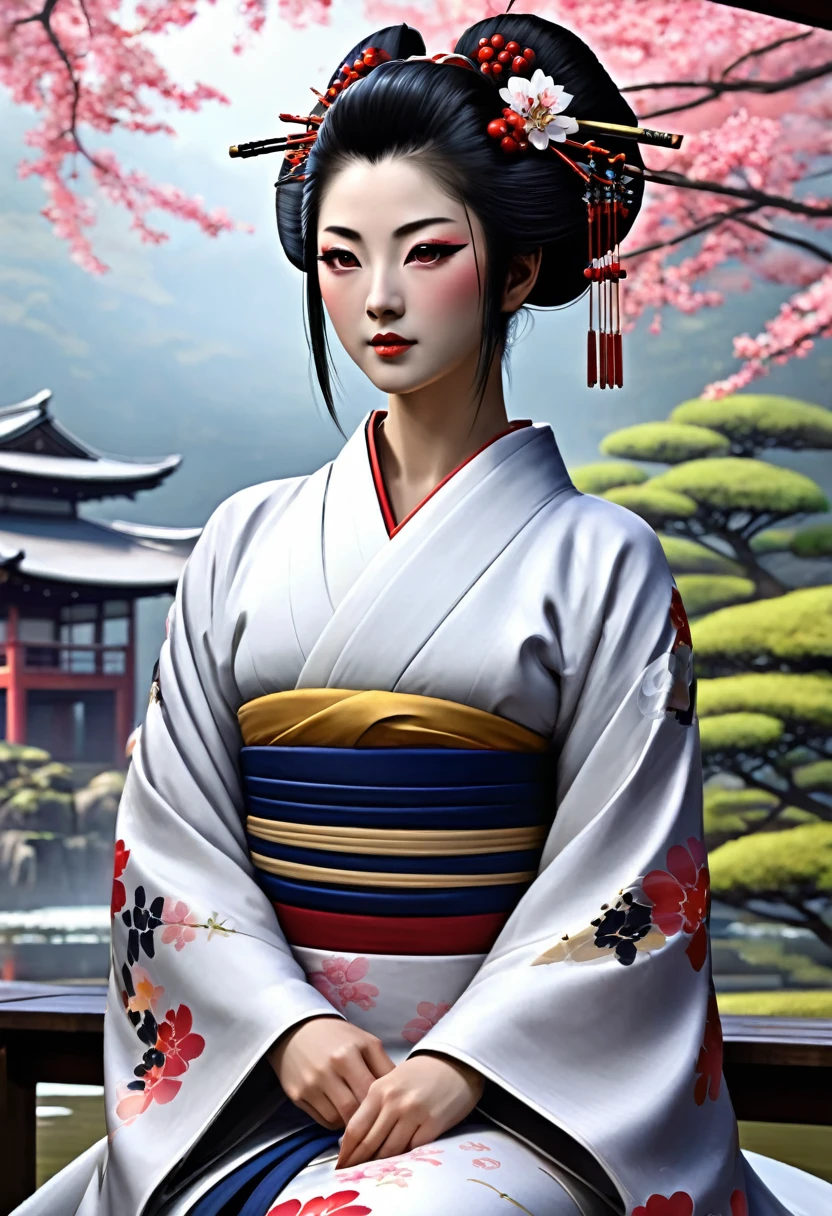 Необходимо создать concept-арт гейши для MMORPG, centered on a Japanese setting. full length, concept, full length пероснаж, A geisha should inspire grace, sophistication and mystery, typical of Japanese culture. sitting. gracefully. digital painting,