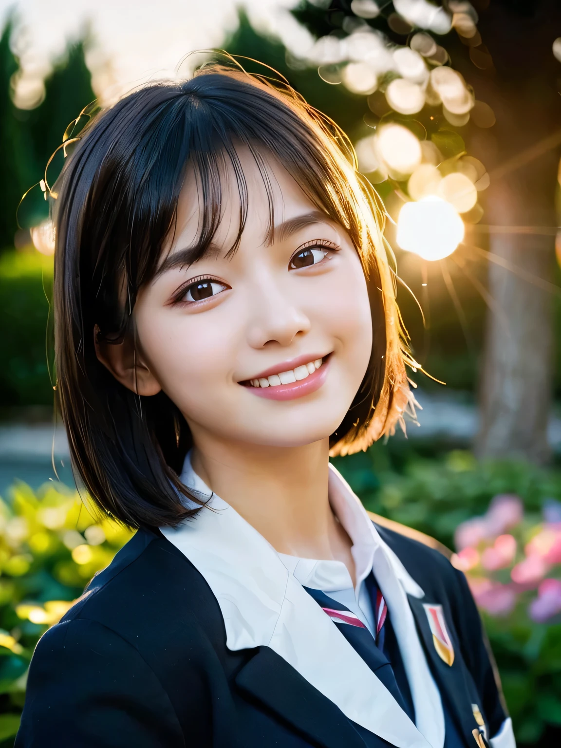 (Highest quality,8K quality,masterpiece:1.3),(Ultra-high resolution,Photorealistic:1.4,RAW Photos),(Ultra-detailed,Caustics,Detailed Background),(Ultra-Realistic Capture,Beautiful and detailed skin,Perfect Anatomy),16 years old,high school student,cute,double eyelid,Black short bob,((Blazer uniform)),necklace, Looking into the camera,(smile),White teeth,tilt your head slightly,(Large Bust),Close-up, Natural soft light, Looking into the camera, sunset,sunset,garden,Backlight,