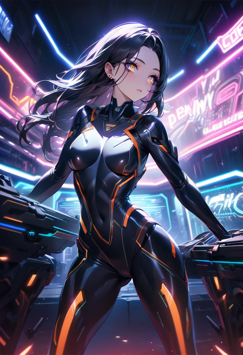 a futuristic Chinese girl in a high-tech battle suit, sleek skin-tight bodysuit, detailed facial features, piercing eyes, elegant pose, advanced machinery, neon lights, metallic accents, cinematic lighting, vibrant colors, dramatic atmosphere, hyper-detailed, 8k, photorealistic