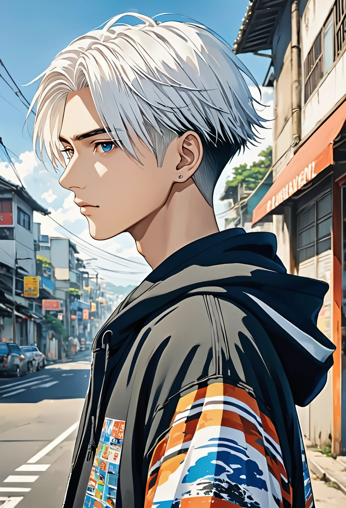 score_9, score_8_up, score_7_up,source_anime, high res image,masterpiece,best quality,clear skin,white hair,undercut hair,anime_boy,hoodie,