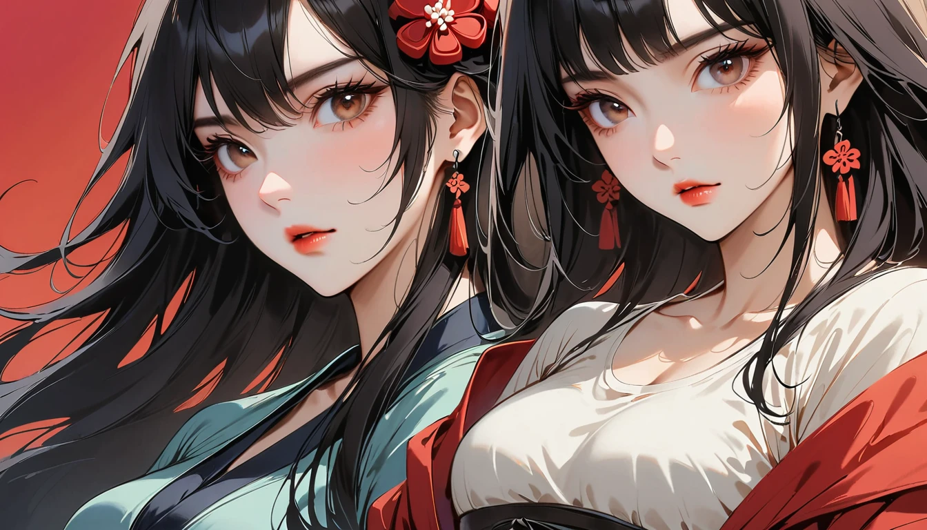 highest quality, Katsushika Hokusai, Ink painting, (((straight long hair))), (((2 girls))), (((Light red t-shirt))), Japanese style headphones, Beautiful girl, one eye red, one eye blue, black hair, Sensitive and precise, Moderner Ukiyo-e-Stil