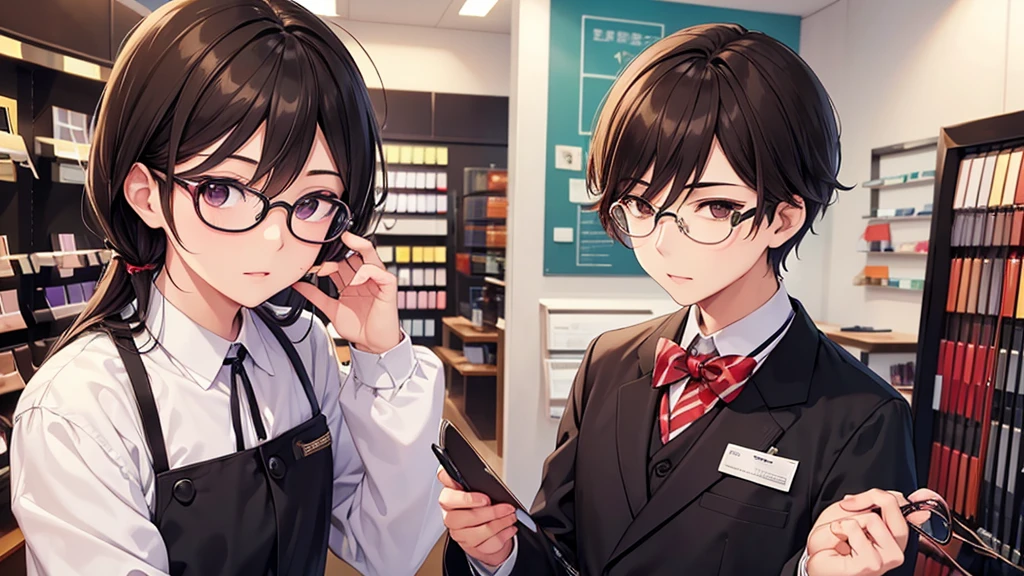I will design a YouTube thumbnail image featuring an eyeglass store clerk, inspired by 'Daisuke Sakuma' or 'Masaki Suda'. He sports square black-rimmed glasses, has brown eyes, and vibrant reddish-brown hair, with a range of expressions. The jawline is rounded, and the illustration will cover his entire face and upper body. The background beautifully showcases vibrant and stylish glasses in a brightly lit eyeglass store.