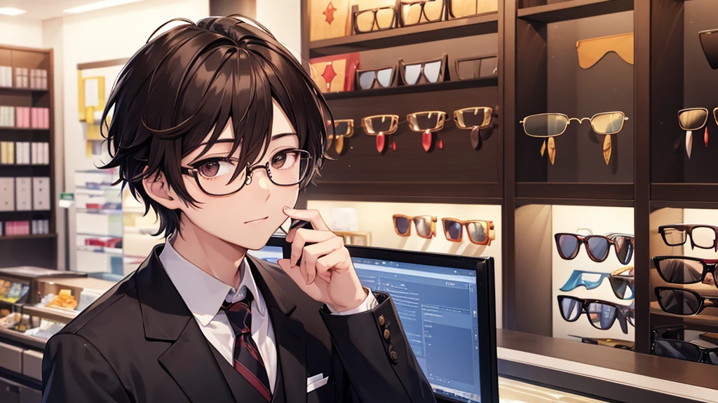 I will design a YouTube thumbnail image featuring an eyeglass store clerk, inspired by 'Daisuke Sakuma' or 'Masaki Suda'. He sports square black-rimmed glasses, has brown eyes, and vibrant reddish-brown hair, with a range of expressions. The jawline is rounded, and the illustration will cover his entire face and upper body. The background beautifully showcases vibrant and stylish glasses in a brightly lit eyeglass store.