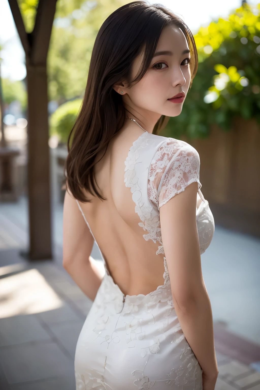 One girl, Mature Woman, photograph, Realistic, Highest quality, Detailed face, Detailed Background, Diffused sunlight, Depth of written boundary, Bokeh, China dress, sexy, Tribal pattern, back
