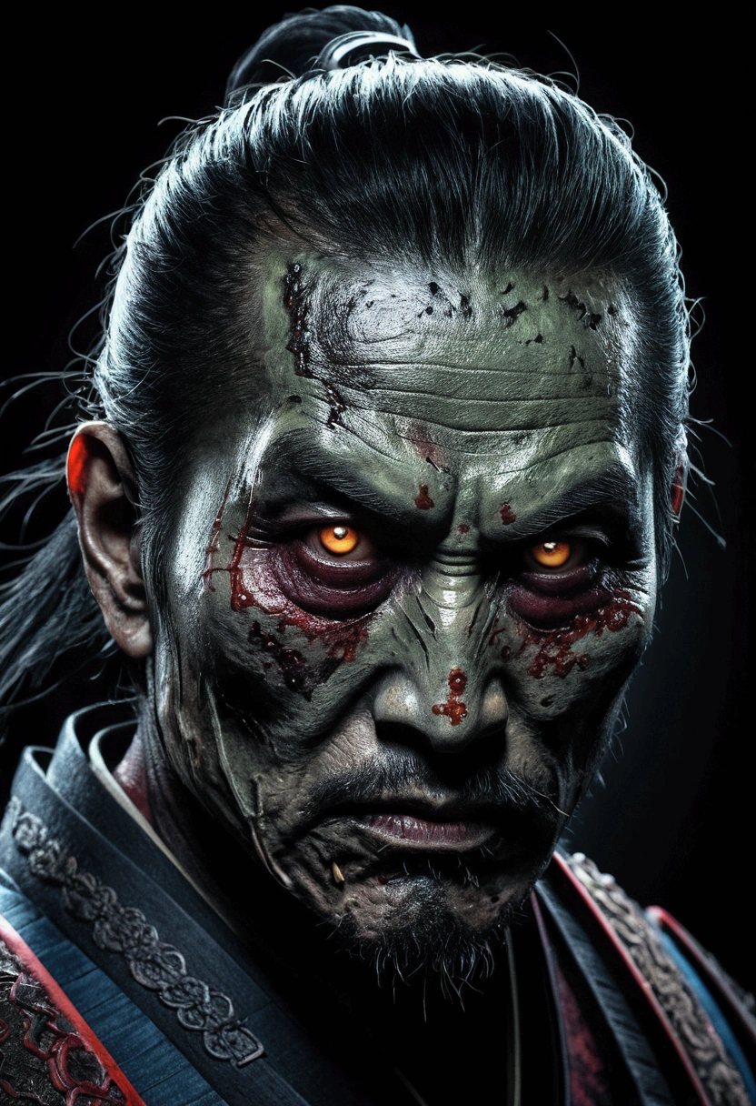 Zombie-style samurai face with a dark and mysterious background, Spooky Features, Scary expression, LightingDramatic, Intricate details, dark texture, Intense cool colors.