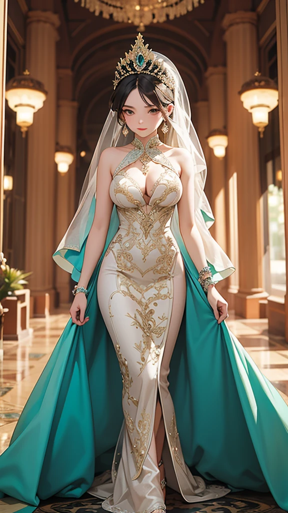 best quality, extremely detailed, a woman in a figure-hugging mermaid dress with intricate beadwork, walking through a luxurious ballroom,