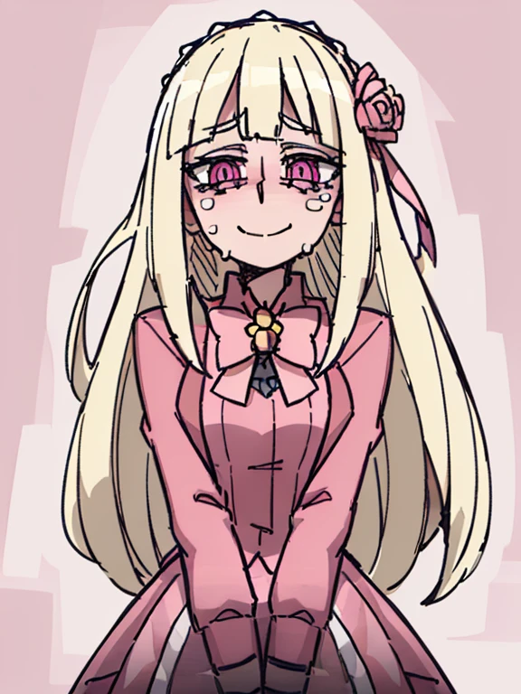 ((A woman,Long blond hair,Pink dress,ta Skirt,Pink flower hairpin,Blue pupils)),Bow tie on chest,front,Half Body,((cry,Smile)),blush,White background