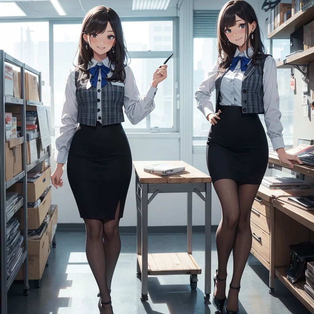 (Best Quality, Masterpiece),Wearing a pink plaid vest, White short sleeved shirt, Gray pencil skirt, Wear stiletto heels, Necklace, earrings, Cute face, Smile, Blushing, Shyness, Glass wall, Ultra Detail, Realistic, Front view, Whole body, stunning, cute, warm smile, hourglass figure, apron, text, chart, advertising, magazine title(Best Quality, Masterpiece), Mag((((1ladyl,)))) (masterpiece), (realistic), (best quality), (ultra-detailed), (wearing in [[white and gray check pattern]] Vest worn over white collared long-sleeved shirt:1.4), (gray vest with buttons:1.2), (Pink Theme:1.2), (blue ribbon ribbon:1.3), (Black theme:1.4), (Tight black pencil skirt:1.5), ((Brown pantyhose)), (high-heels:1.1),longskirt,office desk, office chair,Lulubre Unity 8K Wallpaper, pantyshot, long brown hair, office lady Magazine Cover, 1girl,  amazing, girl, 30 years old, house wiife, warm smile, hourglass figure, text, chart, advertising, magazine title