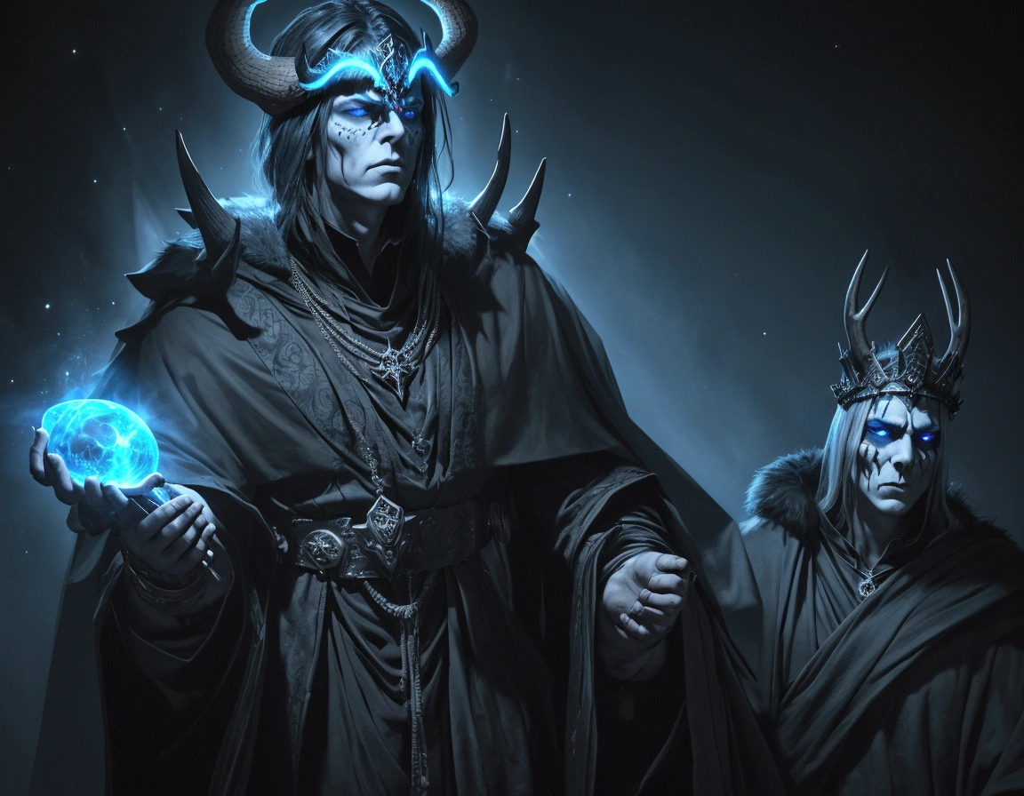 Eminem, in all his glory, as an ancient god, adorned in intricate and furry clothes that are a testament to his status as the divine ruler of the darkness. His eyes pierce through the shadows, their piercing blue gaze belying the dark, mysterious hues of his fur-lined cloak. The garment drapes over his muscular form, accentuating his defined physique and exuding an aura of power. He wears a crown of antlers, their sharp points hinting at his dominance over the beasts of the night. His face is adorned with war paint, symbolizing his battle against the forces of light, and a pendant rests upon his chest, glowing faintly in the dim light, casting eerie shadows across his chest and face. The background is shrouded in darkness, with only the faintest glimmer of stars visible through the veil of night. The shadows seem to coalesce around him, almost as if they are worshipping their divine master. Eminem stands tall and proud, his staff, adorned with a skull-like finial, resting against his shoulder, as if ready to strike down any who dare challenge his rule over the realm of darkness.