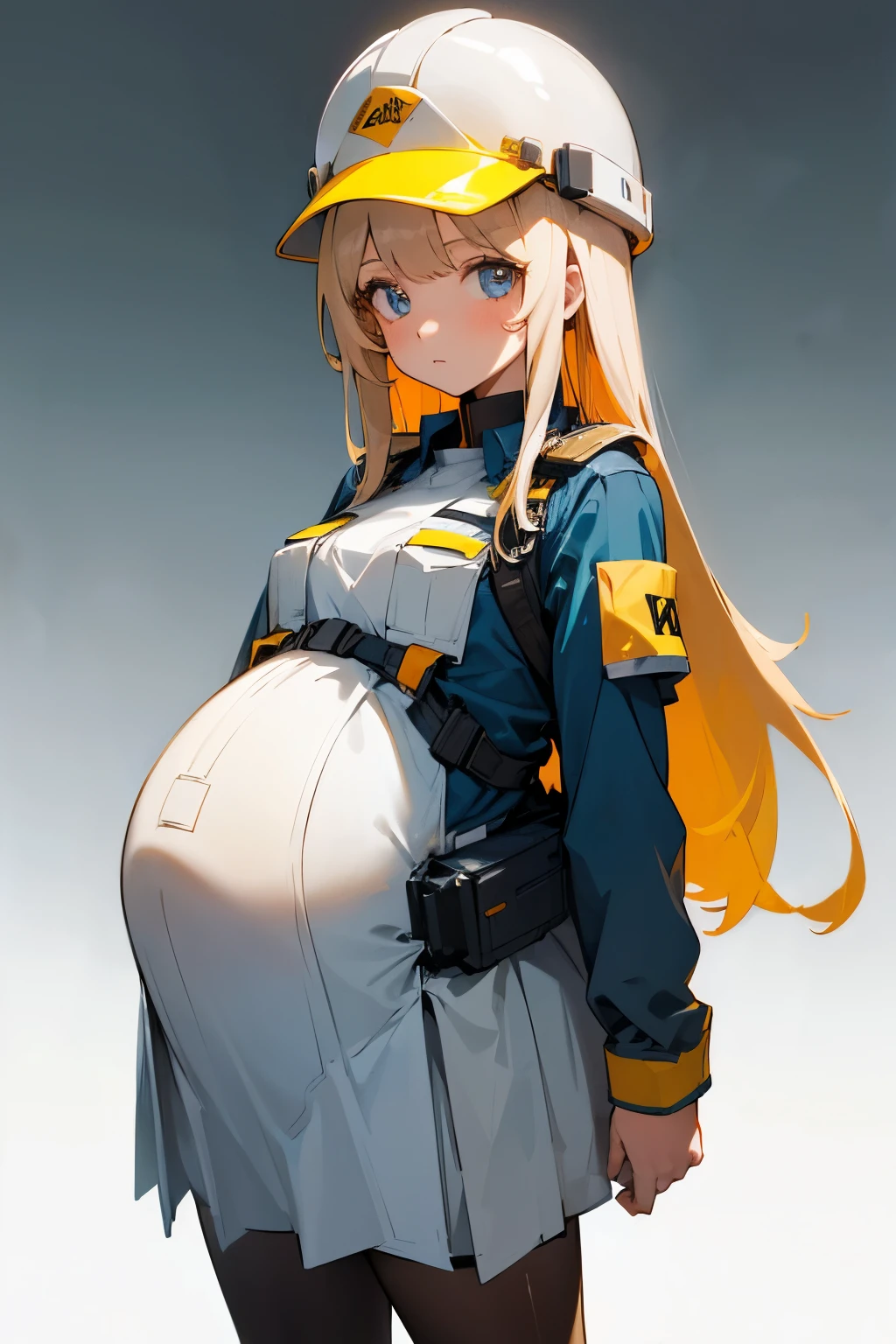 (high quality), 1girl, young girl, long hair, two tone hair, (pregnant), engineer, uniform, white safety helmet, skirt, standing, site background, (comfortable expressions, detailed eyes, facing at front)