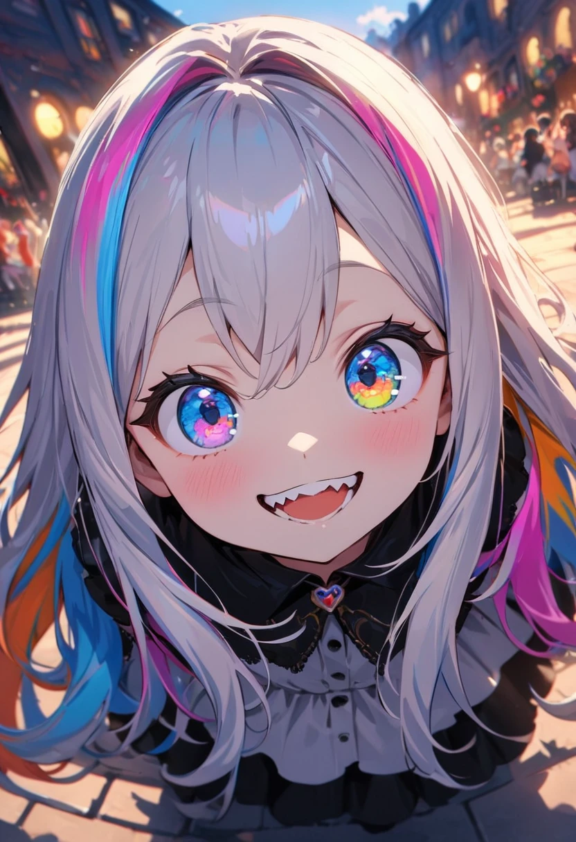 ((Masterpiece)), ((best quality)), (super detail:1.2),(High Definition:1.3), (Professional Photography:1.2), (very aesthetic:1.2), (absurdres:1.2), (fisheye), cinematic lighting, (sharp focus), (perfect light), ((12 years old)), cute young Girl, fluffy hair, colorful hair, long hair, big eyes, (long eyelashes), ((baggy eyes)), colorful eyes, round eyes, (naughty smile), open mouth, jagged teeth, joy, pop, cute, Colorful, (happy pose), (colorful:1.3), gothic makeup, ((obscurity atmosphere)), (on the Midsummer Cafe Terrace),
