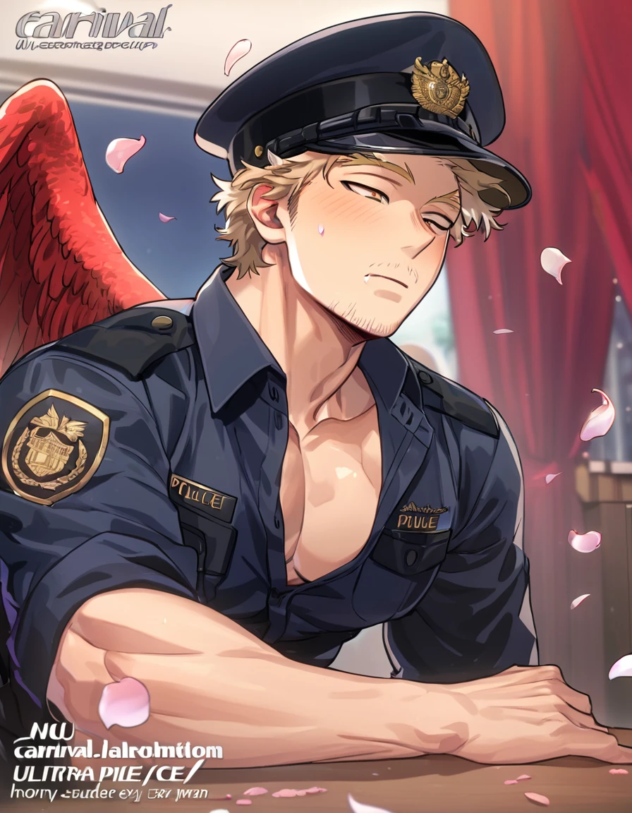 absurdres, highres, ultra detailed, HDR, master piece, best quality, Hawks, ash-blonde hair, faint stubble, red wings, expressive golden-brown eyes, Boku No Hero Academia, solo, sexy man, handsome, horny, sensual, black police officer clothes, unbuttoned shirt, black hat, fantasy, police station, window, petals, flowers, room, red curtains, Nu Carnival