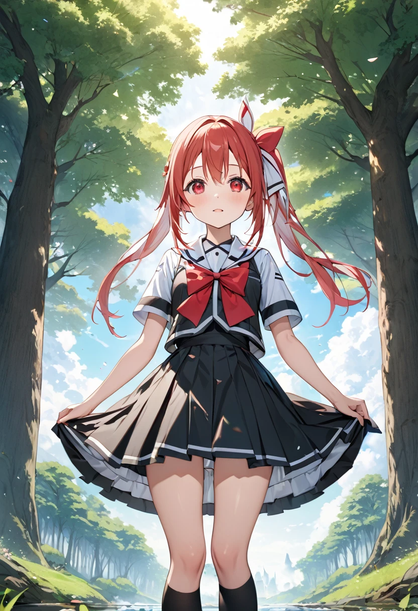 (masterpiece), Highest quality, (((Super detailed, 8K quality))), Brilliant,Yuki Yuna,Expressive eyes, Perfect Face, Perfect Anatomy, Perfect body, scene, One girl, alone,Redhead,Red eyes,Sanshu  ,Black knee socks,dress, bow, ribbon,, hair ribbon,Divine Tree,sea of trees,Skirt flipped up,(Panties in full view),Cowboy Shot, ()