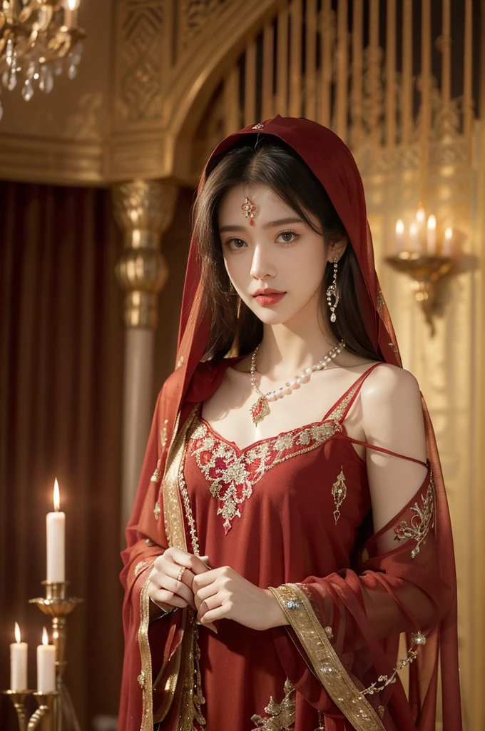 (((best quality))),(((ultra detailed))),(((masterpiece))),illustration,((1girl,Arabian dancer,solo)),(red hijab:1.3),((slim,thin)),((small breasts,flat chest)),((earrings,necklace)),((pearls,jewels,gemstones)),(night scene:1.3),(standing:1.3),(in luxurious palace:1.3),(indoor:1.3),(gorgeous embroidered red sheer abaya:1.3), intricate patterns,((Arabian theme,Middle Eastern culture)),(shoulder length straight hair:1.2),(sheer veil on face:1.3),mystery, ornate furnishings, decorations, enchantment, magic, Persian magic carpet,night sky, floating,Aladdin's lamp, flame, fulfillment of desires,candlelight,romance,One Thousand and One Nights, coherent narrative, dreamlike atmosphere, deep emotions, graceful movements, passion, face beneath the veil, beloved's dream, timeless beauty, enchantment,magical world, wondrous journey,((from front,upper body))
