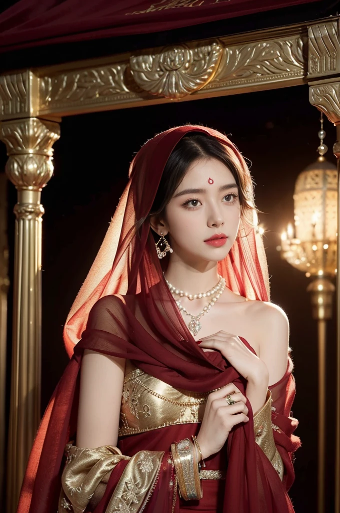 (((best quality))),(((ultra detailed))),(((masterpiece))),illustration,((1girl,Arabian dancer,solo)),(red hijab:1.3),((slim,thin)),((small breasts,flat chest)),((earrings,necklace)),((pearls,jewels,gemstones)),(night scene:1.3),(standing:1.3),(in luxurious palace:1.3),(indoor:1.3),(gorgeous embroidered red sheer abaya:1.3), intricate patterns,((Arabian theme,Middle Eastern culture)),(shoulder length straight hair:1.2),(sheer veil on face:1.3),mystery, ornate furnishings, decorations, enchantment, magic, Persian magic carpet,night sky, floating,Aladdin's lamp, flame, fulfillment of desires,candlelight,romance,One Thousand and One Nights, coherent narrative, dreamlike atmosphere, deep emotions, graceful movements, passion, face beneath the veil, beloved's dream, timeless beauty, enchantment,magical world, wondrous journey,((from front,upper body))
