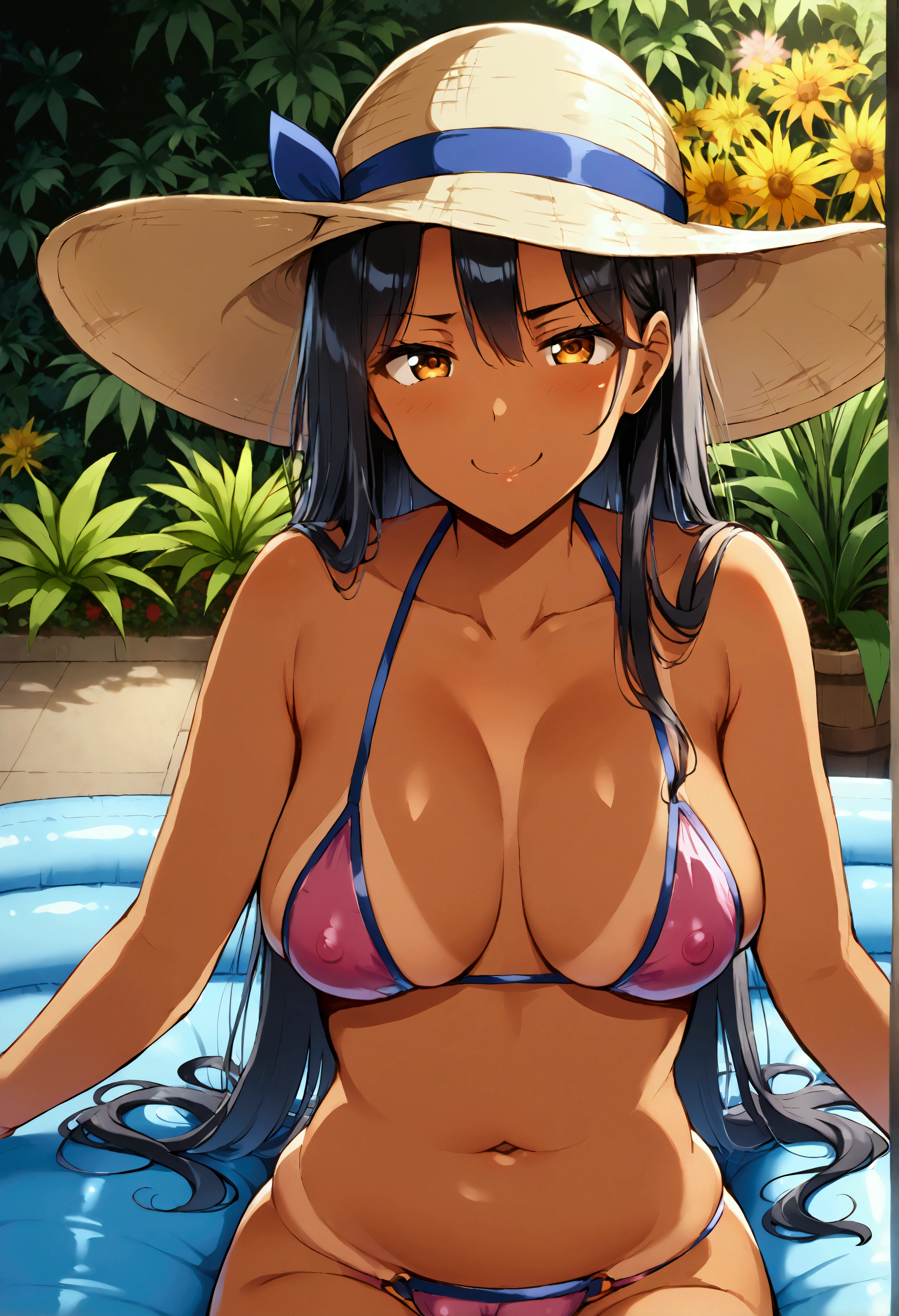 Rustic, tanned, sunburned, girl, long black hair, thin face, amber eyes, lascivious look, chest, camel toe, transparent bikini, breasts on display, plump butt, blue hat, pink swimsuit, barefoot, excited, smug face, sexy pose, masturbation gesture, legs apart, lying on an inflatable mattress, in the garden, ecchi anime, cinematic, dramatic, masterpiece, dynamic view, full body,