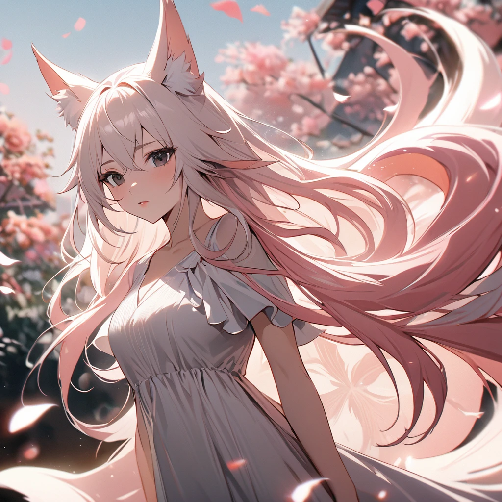 female, nine-tailed female, female fox, nine-tailed fox, fox ears, white hair, pink hair, long hair, black eyes, pretty, beautiful, beautiful color, mature, dress, flying petals, super detail, beautiful color,peerless beauty, high quality, macro picture, adult