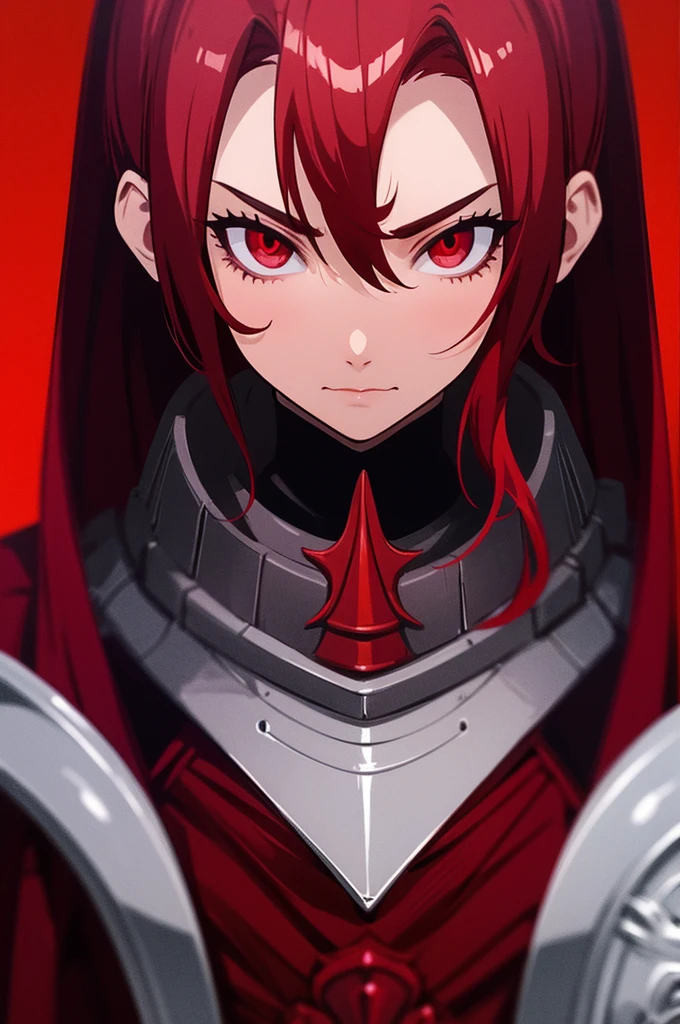 A girl with red hair and red eyes wearing a female armor with a red cape with a castle hallway background as a close up face pic of her