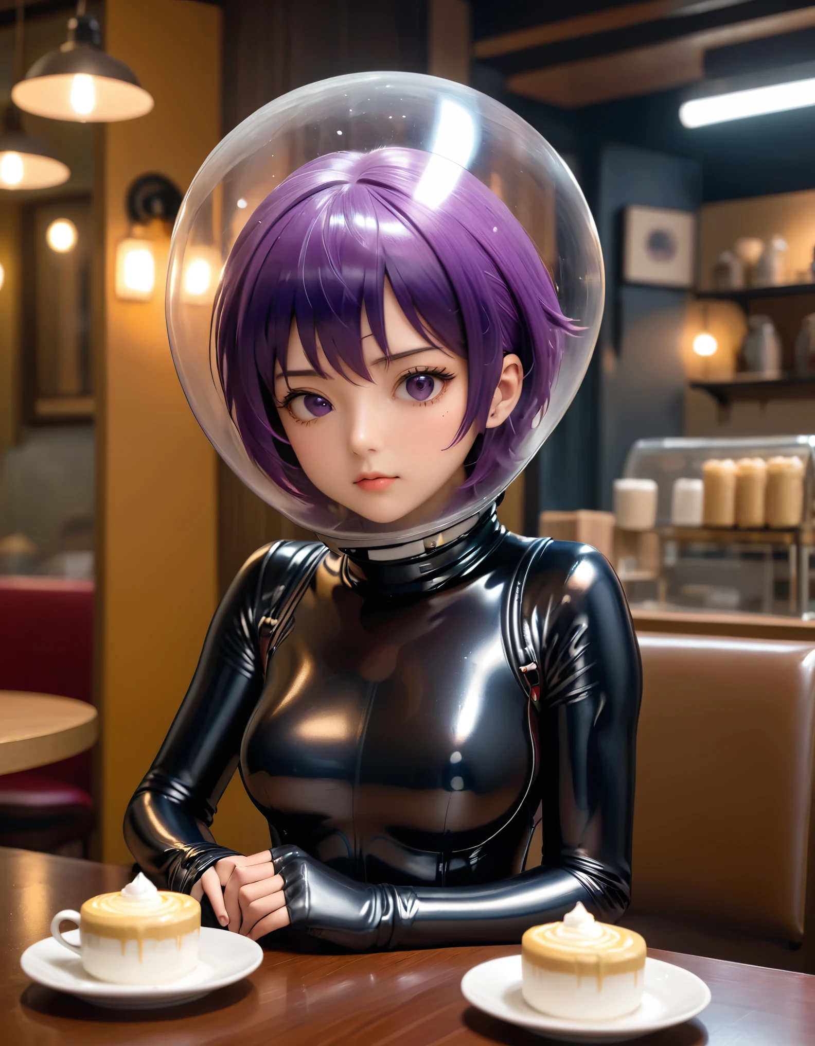  [[[[bubble helmet]]]], space helmet, ahegao, very short hair, eva helm, bondage, misato katsuragi,(purple hair:1.2),, bodysuit, latex, (top-quality、in 8K、32K、masterpiece、nffsw、超A high resolution、Impresionismo、Photorealsitic:1.2)、cowboy shot、sharp focus、detailed faces and eyes、(There is a plate of cake and coffee on the table, cafes, sitting on a mocha-colored table, dessert, Miniature Cafe Diorama, diner caffee, in coffee shop, cozy cafe background, enjoying coffee at a coffee shop, sitting in a cafe, shot with sony alpha 1 camera, 、Sharp pupils、Realistic pupils、beauitful face、18 year old beautiful girl、shinny skin、Medium Short