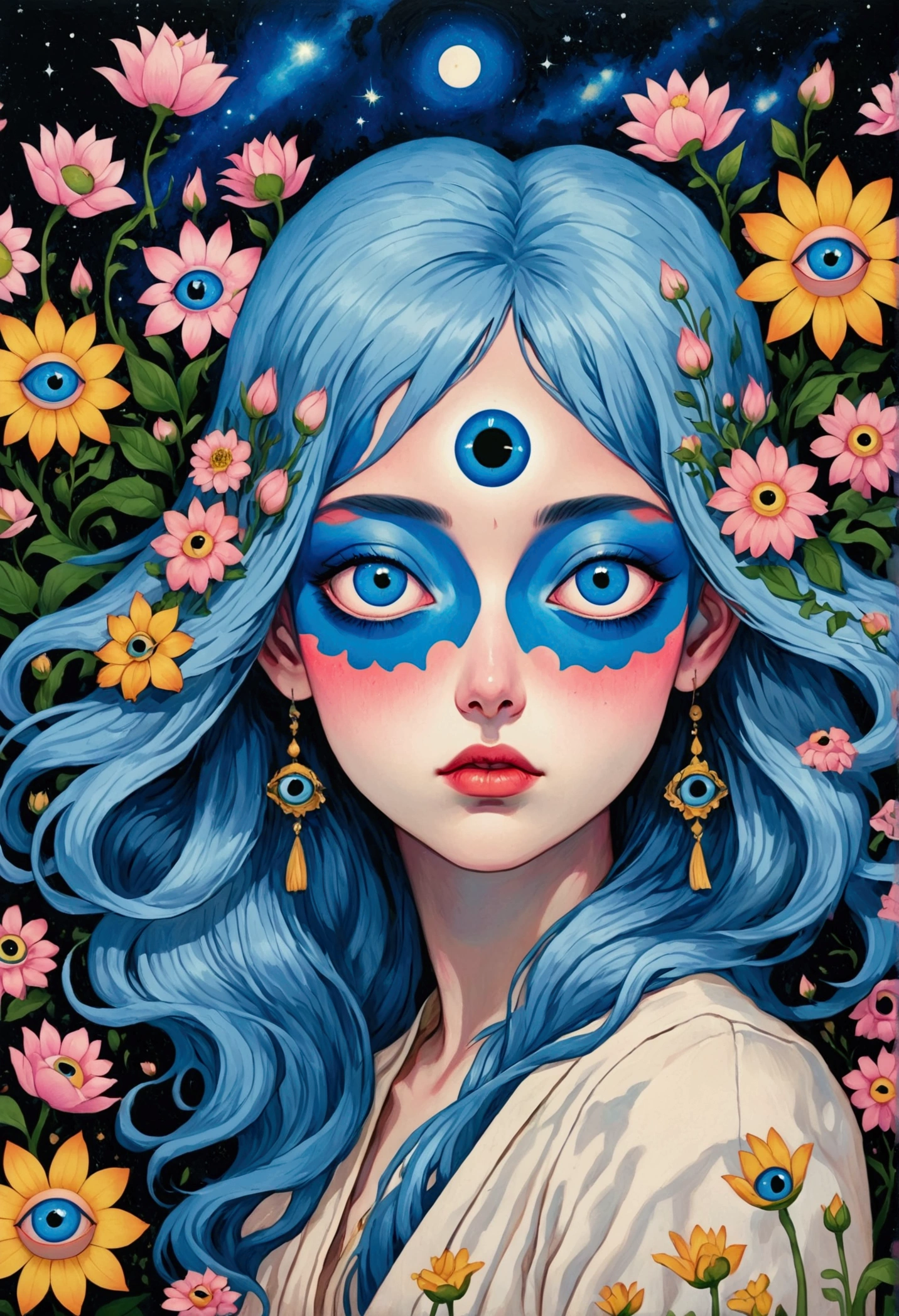 painting of a woman with blue hair and blue eyes surrounded by flowers, pop surrealism lowbrow art style, lowbrow pop surrealism, japanese pop surrealism, third - eye visions, starry eyes, third eye, pop surrealism, portrait of a mystical giant eye, psychedelic illustration, many eyes on head, mystical eyes, pop surrealism art style, pop - surrealism