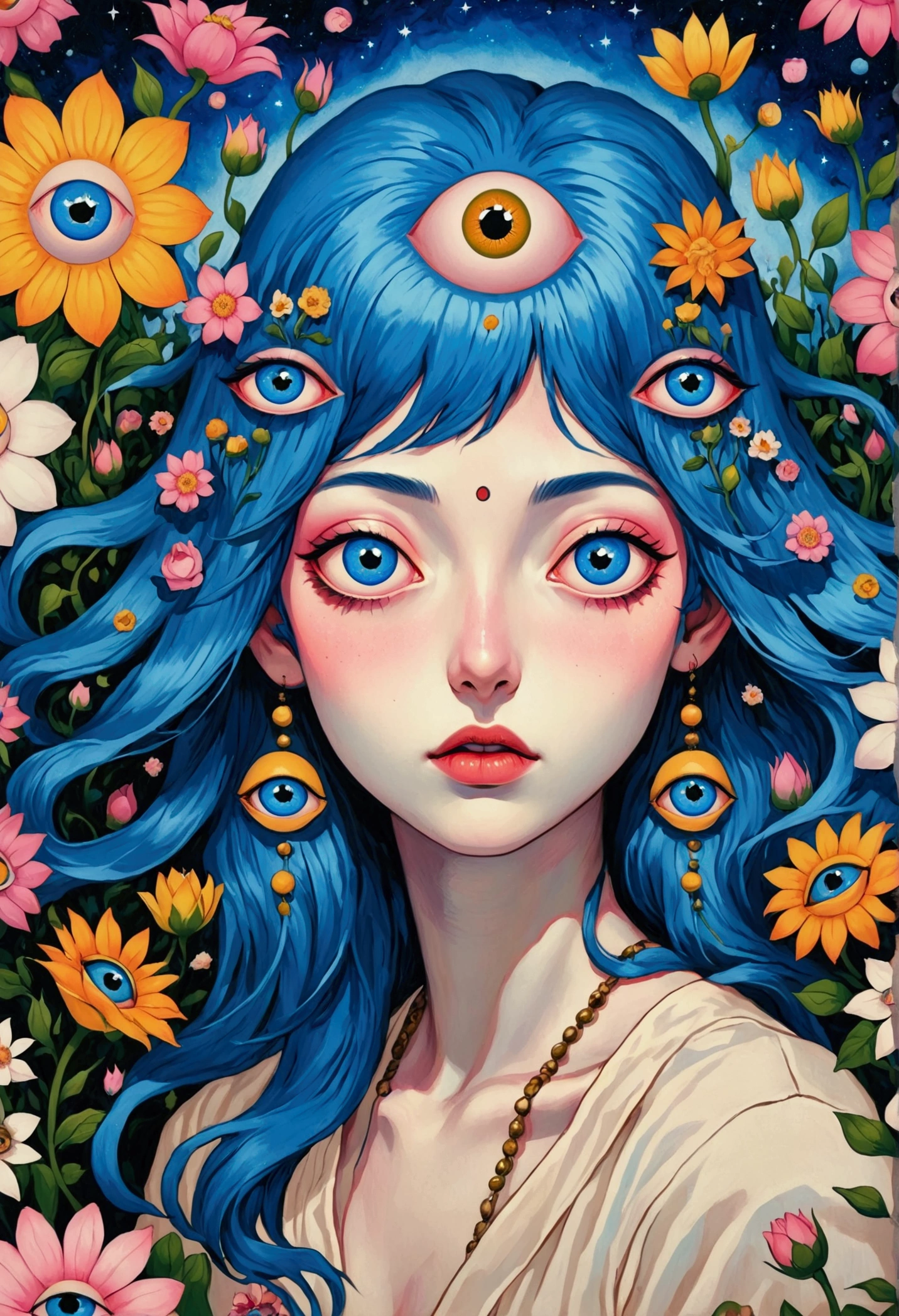 painting of a woman with blue hair and blue eyes surrounded by flowers, pop surrealism lowbrow art style, lowbrow pop surrealism, japanese pop surrealism, third - eye visions, starry eyes, third eye, pop surrealism, portrait of a mystical giant eye, psychedelic illustration, many eyes on head, mystical eyes, pop surrealism art style, pop - surrealism