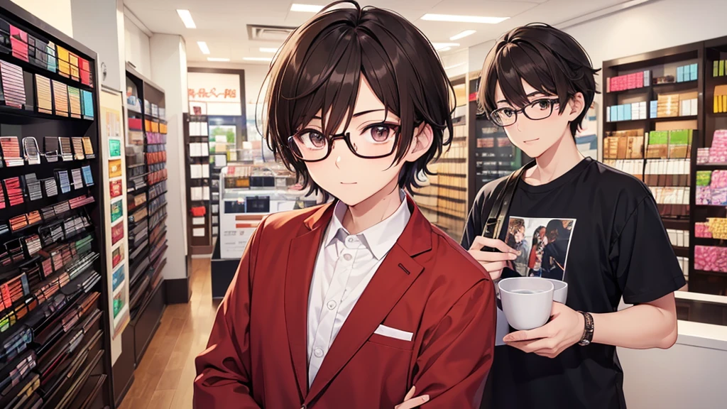 I will design a YouTube thumbnail image featuring an eyeglass store clerk, inspired by 'Daisuke Sakuma' or 'Masaki Suda'. He sports square black-rimmed glasses, has brown eyes, and vibrant reddish-brown hair, with a range of expressions. The jawline is rounded, and the illustration will cover his entire face and upper body. The background beautifully showcases vibrant and stylish glasses in a brightly lit eyeglass store.