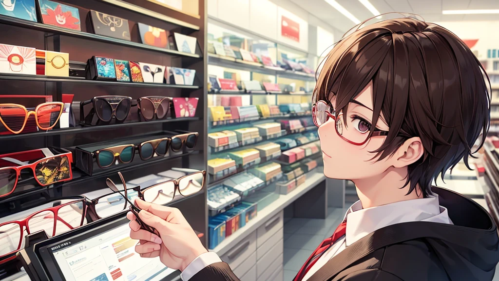 I will design a YouTube thumbnail image featuring an eyeglass store clerk, inspired by 'Daisuke Sakuma' or 'Masaki Suda'. He sports square black-rimmed glasses, has brown eyes, and vibrant reddish-brown hair, with a range of expressions. The jawline is rounded, and the illustration will cover his entire face and upper body. The background beautifully showcases vibrant and stylish glasses in a brightly lit eyeglass store.