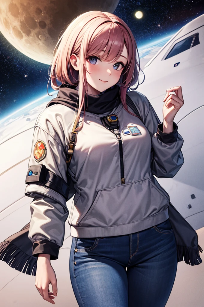 Highest quality, High resolution, Clear image, Concept Art, Night Sky, performer, moon, girl, smile, hair, eye, mouth, hand, feet, clothing, jeans, T-Shirts, scarf, Have, space, spaceship, spacesuit, astronaut, planet, Milky Way, beautiful, cute, comfortable, nature, dream-like, relaxed, Sparkling, Lovely