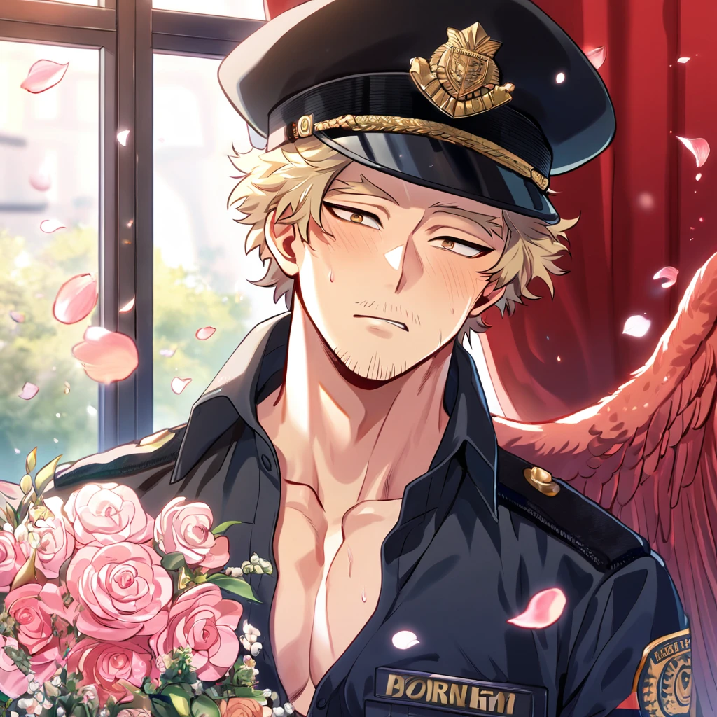 absurdres, highres, ultra detailed, HDR, master piece, best quality, Hawks, ash-blonde hair, faint stubble, red wings, expressive brown eyes, Boku No Hero Academia, solo, sexy man, handsome, horny, sensual, black police officer clothes, unbuttoned shirt, black hat, fantasy, police station, window, petals, flowers, room, red curtains, Nu Carnival