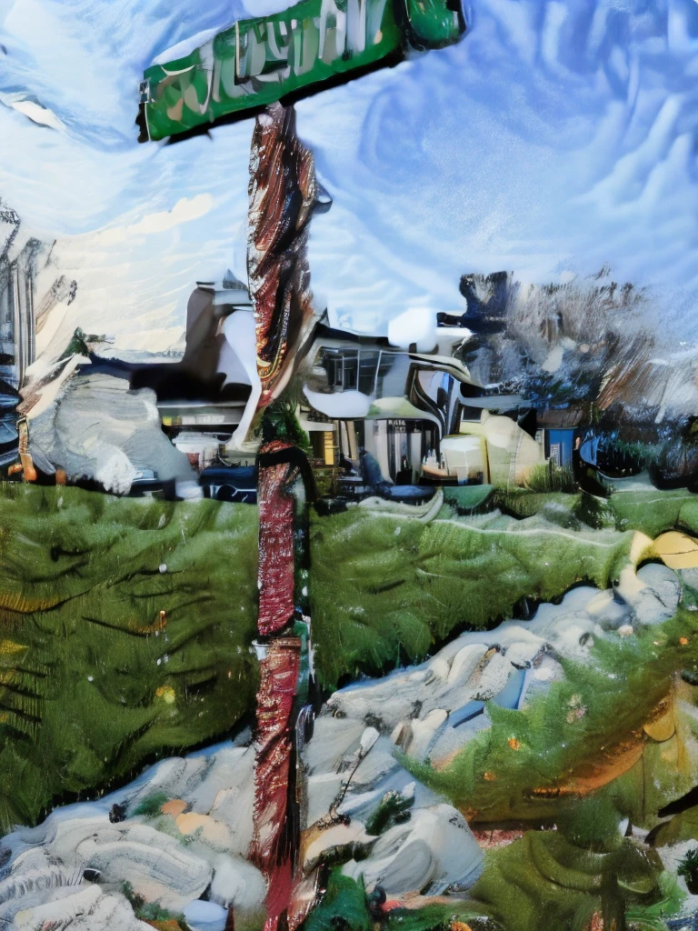 (suburban neighborhood ),(snow:1.8), winter, ((coloful:1.8)), (single house with garage and trees in background), (street sign in foreground with christmas garland and lights wrapped around it),  holiday, (Christmas lights on pole), (Christmaswintery) , (detailed:2), masterpiece, high quality,  sunny day, natural light rendering, (neon christmas lights:1.3), (van gogh style) 