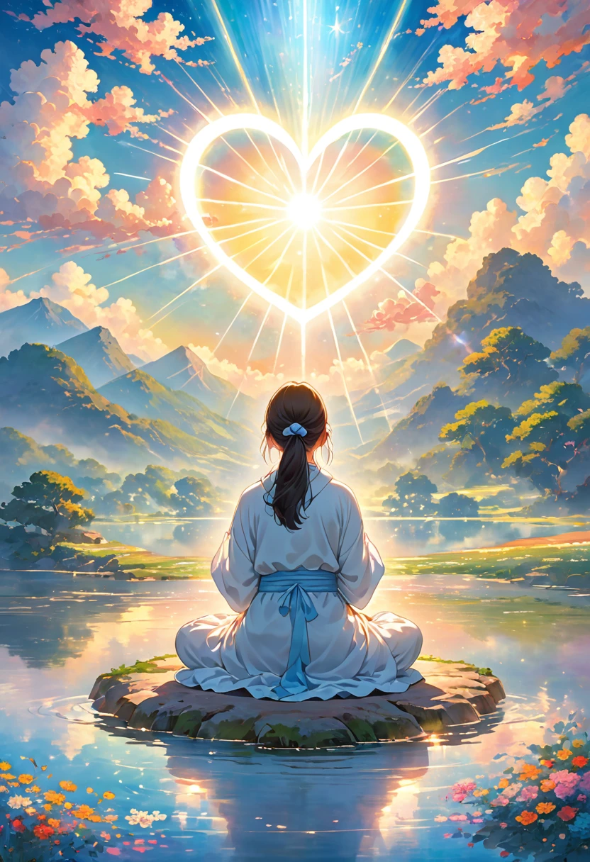 imageio: A person meditating or praying with a calm environment around them, like a peaceful landscape or a serene sky.
detaileds: Add a representation of a heart or a steady mind, perhaps with rays of light or a sense of peace emanating.