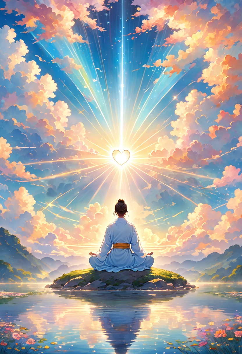 imageio: A person meditating or praying with a calm environment around them, like a peaceful landscape or a serene sky.
detaileds: Add a representation of a heart or a steady mind, perhaps with rays of light or a sense of peace emanating.