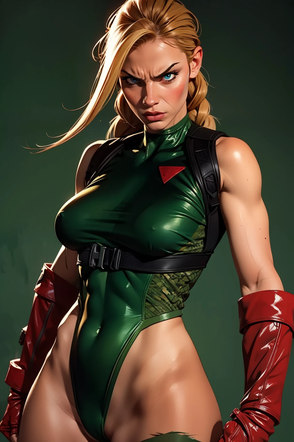 Hyper realistic super detailed sexy Cammy, Very detailed, (hyper realistic: 1.4), ((Hot body, in dynamic combat pose, angry face)), ((camel toes)), Classic green suite, twin braids, long hair, blonde hair,  blue eyes, scar on cheek, green leotard, large breasts, sleeveless, red gloves, fingerless gloves, camouflage. (((army background))).