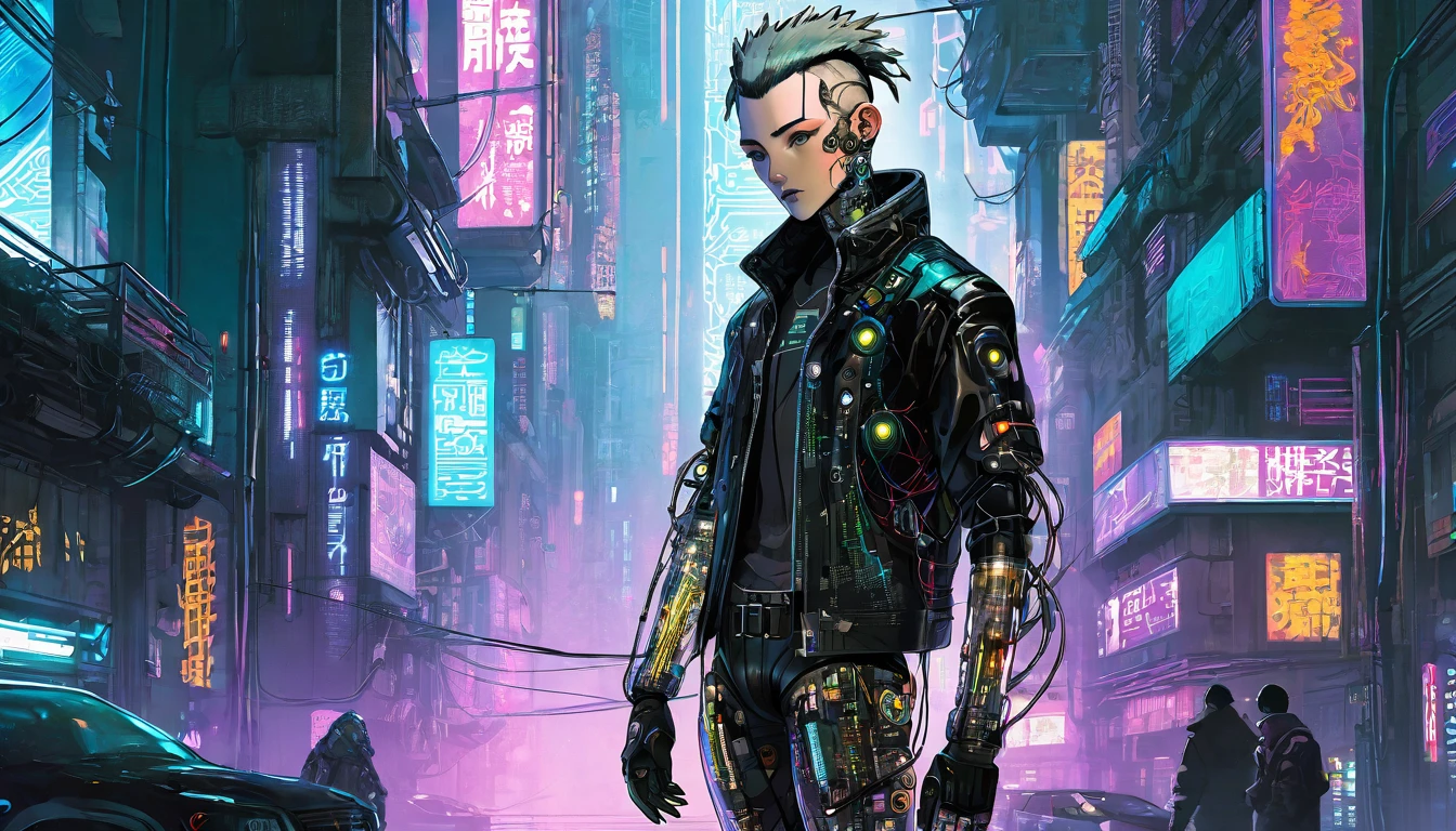 A man with mechanized body parts in the cyberpunk style stands out.. Circuits and cables are visible on his transparent skin., while his eyes glow with colored LEDs. The limbs are a mixture of flesh and metal., with advanced prosthetics and cybernetic interfaces. wear a black leather jacket, The character is set in a dystopian urban setting with collapsing skyscrapers.. The image represents the fusion of man and mechanics in a futuristic cyberpunk world.