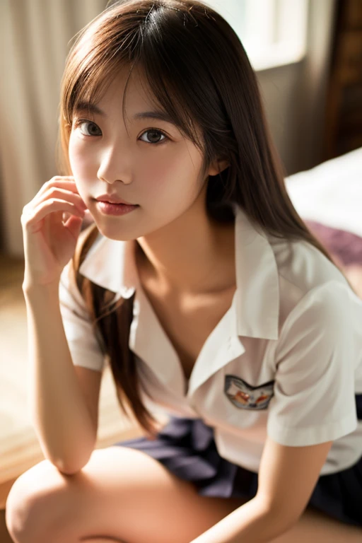 lens: 135mm f1.8,(Highest quality),(Tabletop:1.1), (Beautiful Japanese girl), (Moisturized lips), Narrow eyes, double eyelid,Delicate clavicle,Flat Chest,Shortcuts,
(Let me me me'Let me me'Let me'Let's take another look), (close:1.4), shame, A faint smile,
(Spotted sunlight:1.2), Professional bright lighting,
(Uniforms and nudity), (Sunburned skin:0.2),Full body photo、Full Body Focus、Sit on the floor with your legs open
