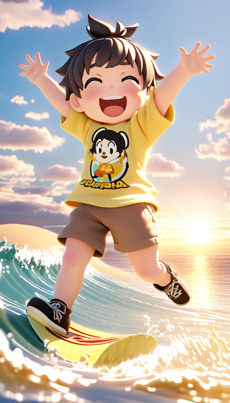The poster features a 3D cartoon Q-version full body rendering, depicting an adorable little boy wearing a yellow T-shirt and brown shorts. With his arms wide open and a joyful expression, he is surfing on the sea. His facial features are perfect, presented in a blind box and Disney style. The lighting is soft, achieved through OC rendering, blender, and C4D among other 3D rendering techniques. The quality is optimal, with high-definition graphics at 8K resolution. The poster uses a 3D cartoon Q-version full-body rendering,Presentation of a cute little boy in a t-shirt and brown shorts。He opened his arms,With a happy expression,surfing on the sea。Perfect facial features are displayed in blind box and Disney style,Soft light,Rendering via OC、blender和C4D等3D渲染技术实现。Picture quality HD,Achieve 8K best quality。,
