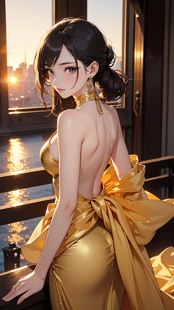 High resolution, Beautiful woman, Attention to detail, Good lighting, Obscene, conversion, ((Backless sequin dress)), ((Red high heels)), Bare thighs, Bare arms, (((Be incontinent))), (Pee), Peeの染み, (puddle), Thick thighs, Nice long legs, lipstick, Detailed face, Cute Face, Embarrassed and blushing face, Humiliated, ((On the disco stage)), (Squat), (Rear View),Stick your butt out