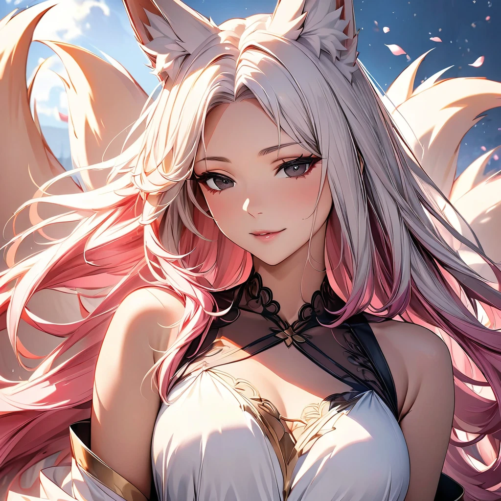 female, nine-tailed female, female fox, nine-tailed fox, fox ears, white hair, pink hair, long hair, black eyes, pretty, beautiful, beautiful color, mature, dress, flying petals, super detail, beautiful color,peerless beauty, high quality, 8K, macro picture