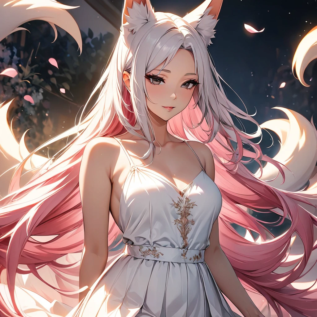 female, nine-tailed female, female fox, nine-tailed fox, fox ears, white hair, pink hair, long hair, black eyes, pretty, beautiful, beautiful color, mature, dress, flying petals, super detail, beautiful color,peerless beauty, high quality, macro picture, adult