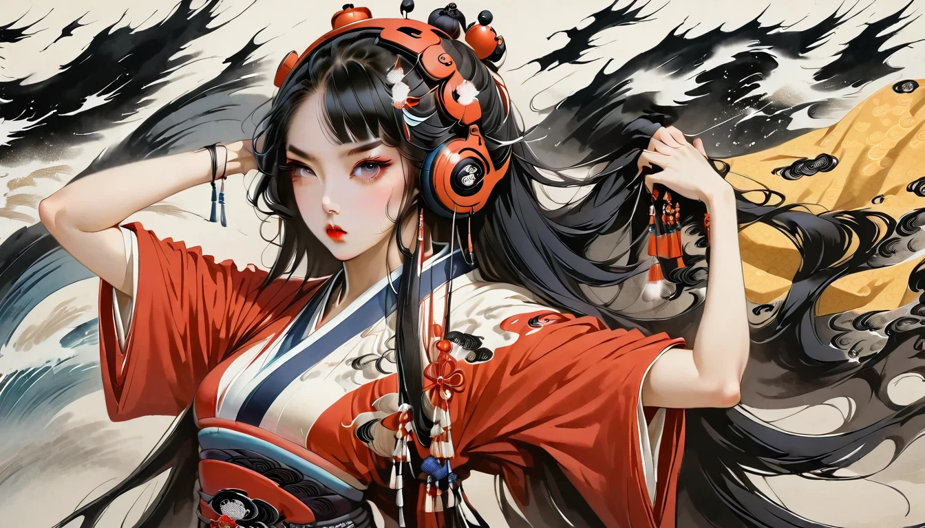 highest quality, Katsushika Hokusai, Ink painting, (((straight long hair))), (((Girl))), (((Light red t-shirt))), Japanese style headphones, schönes Girl, one eye red, one eye blue, black hair, Sensitive and precise, Moderner Ukiyo-e-Stil