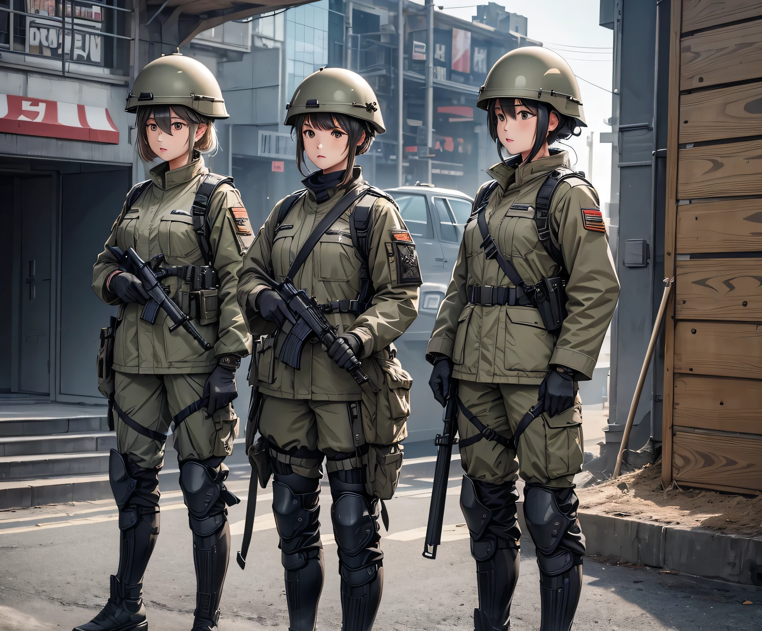 A group of female soldiers wearing light grey M-51 jacket military uniforms、Wear a steel helmet、Gloves、Magazine Pouch、Knee pads、Standing side by side、Write details、masterpiece、best quality、Highly detailed CG、8K picture quality