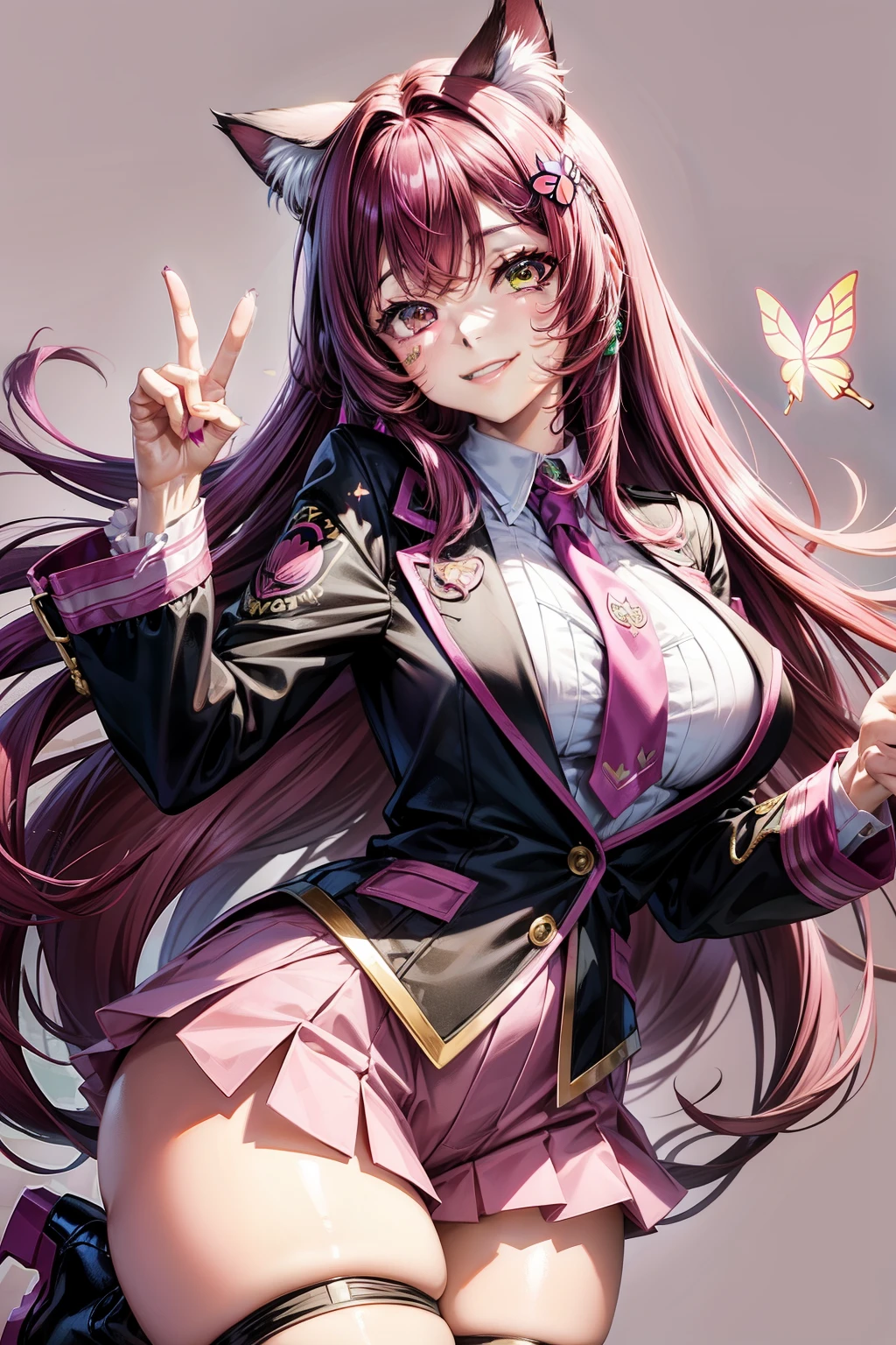 Magenta hair, brown eyes, older woman, long thick hair, pretty hair ornaments, smile face, happy, cat ears, sexy uniform outfit, color background, butterflies, pink and green