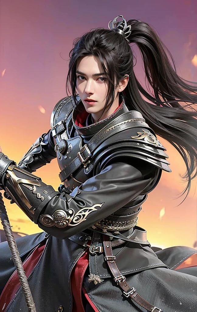 1boy, best quality, photo, 4k,looking at viewer,full body, wear black armor,